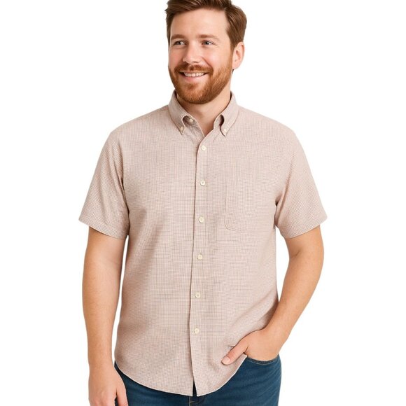 Brooks Brothers 346 Mens Linen Shirt Yellow Pink Check Short Sleeve Size L - Picture 1 of 12